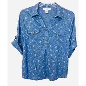 REBECCA MALONE SHORT SLV POINTED COLLAR V-NECK TOP, WOMENS, 1X, BLUE, ANCHORS